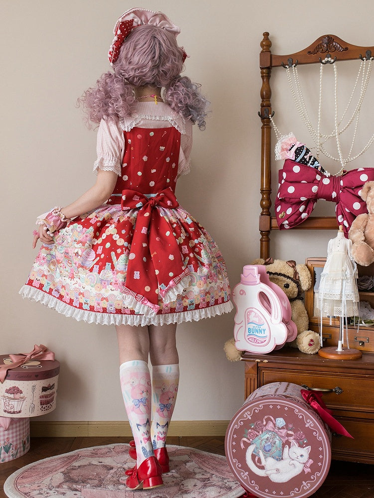 Overall Sweet Desserts Red Gummy Print and Bear Lolita Dress