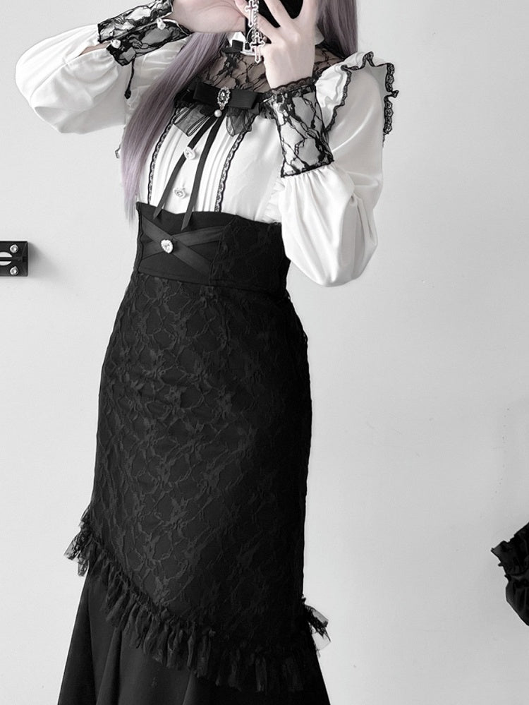 Blouse with White Illusion Neckline Pleating Details Jirai Kei Bow Tie