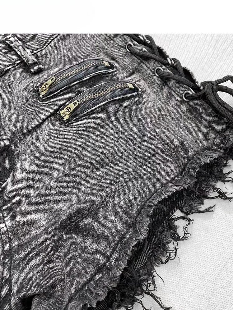 Lace-up Glamorous Black Detail Shorts Denim Bittersweet Hem Raw