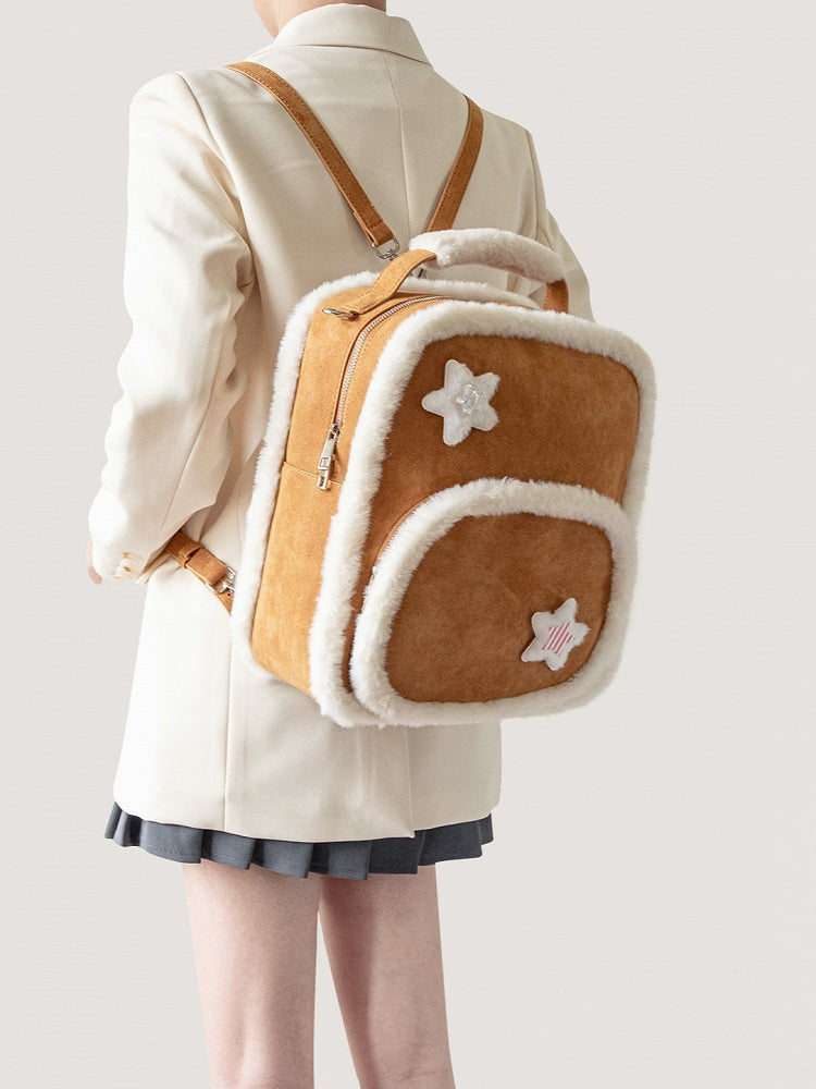 Warmy Large-Sized Brown Backpack With Plush Trim Style In Kawaii