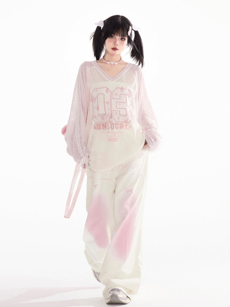and Pink Ombre Low Apricot Bowknots Print Wide-Leg Pants Waist
