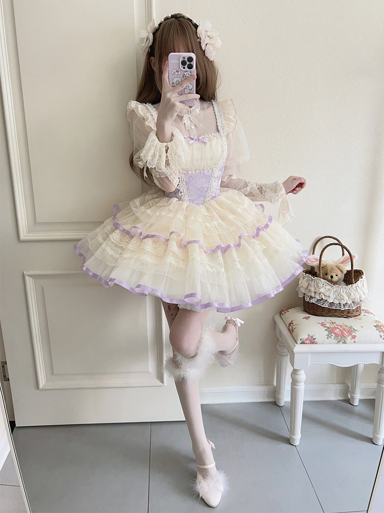 Skirt Purple Print Basque Waist Balletcore Lolita Bows Jumper