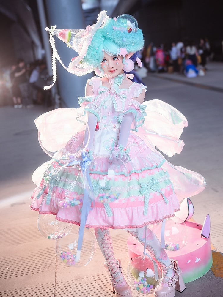Lolita Dress Cake Sweet Bow and Accents Skirt Tiered Watermelon Pink Green