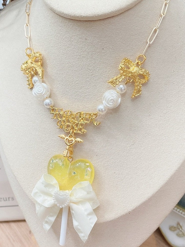 Necklace Bowknot Decorated Pendant Yellow/Pink/Purple Lollipop Beaded And