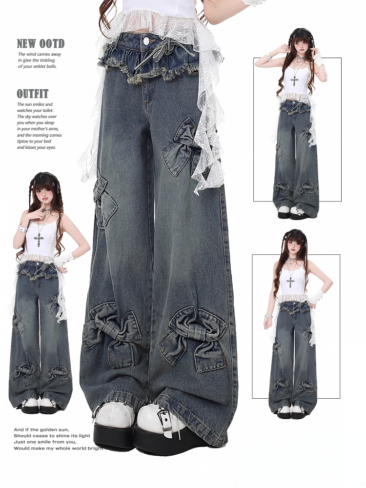 Blue Big Bows Raw Hem Wide-Leg Jeans
