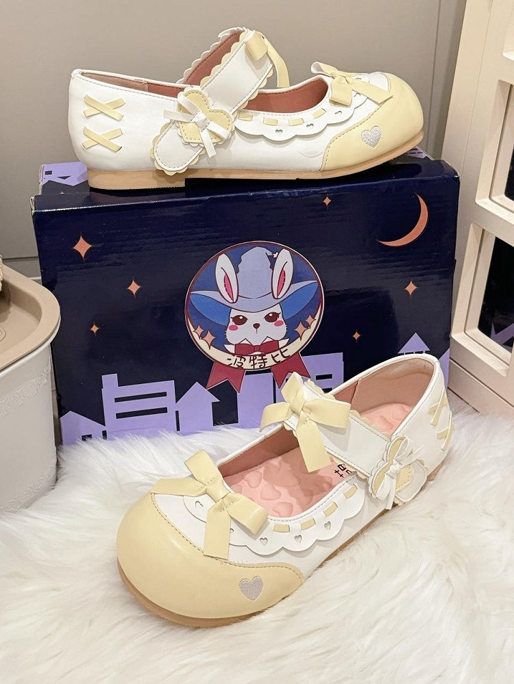 Heart PU with Details Scalloped Edging Sweet - Accents Yellow Bow Leather Mary Janes Lolita