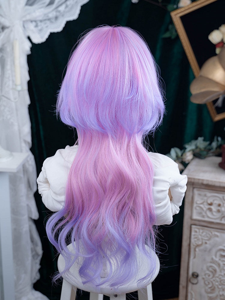 Wig Hime Color Ombre Hair With Bangs Wavy Cut Length 72CM Pink-Purple Air