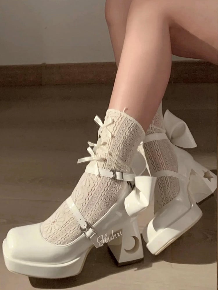 with Astral Platforms Back Bow Cut-Outs Themed Y2K Block and - Celestial Heels White