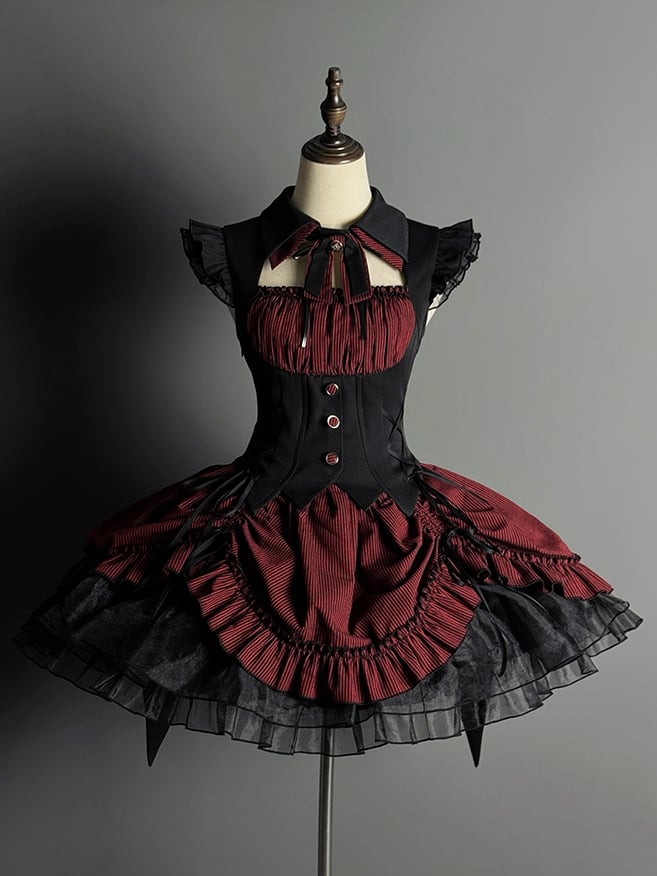 Lolita Halloween Gothic Kordelzug mit schwarzem Muster und Taille, gestreiftes rotes Kleid