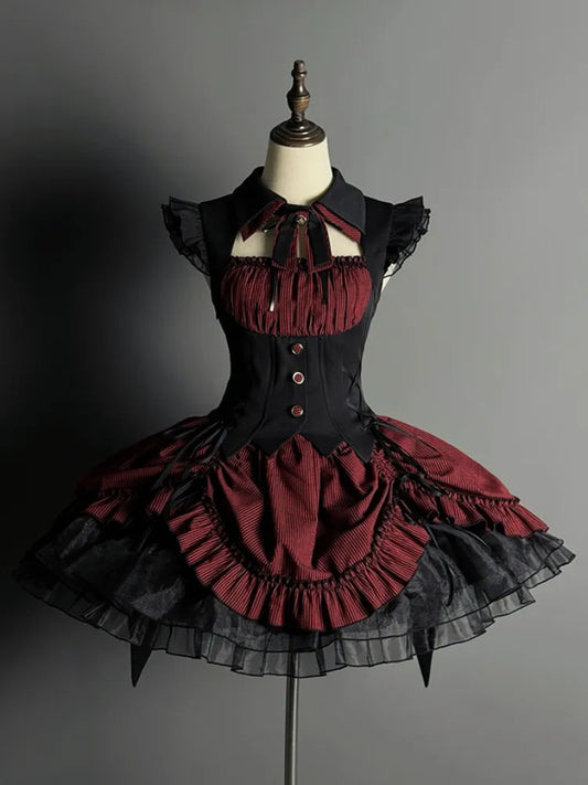 Rot-schwarzes Halloween-Gothic-Lolita-Kleid mit Kordelzug und gestreiftem Saum