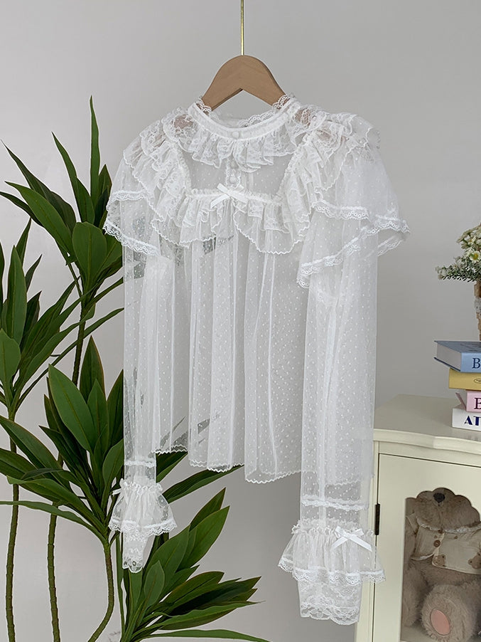 White Long Top Sleeves Tulle Sheer Dots Lace