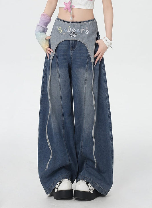 Blue Low Waist Wide-leg Jeans with Letter Embroidery