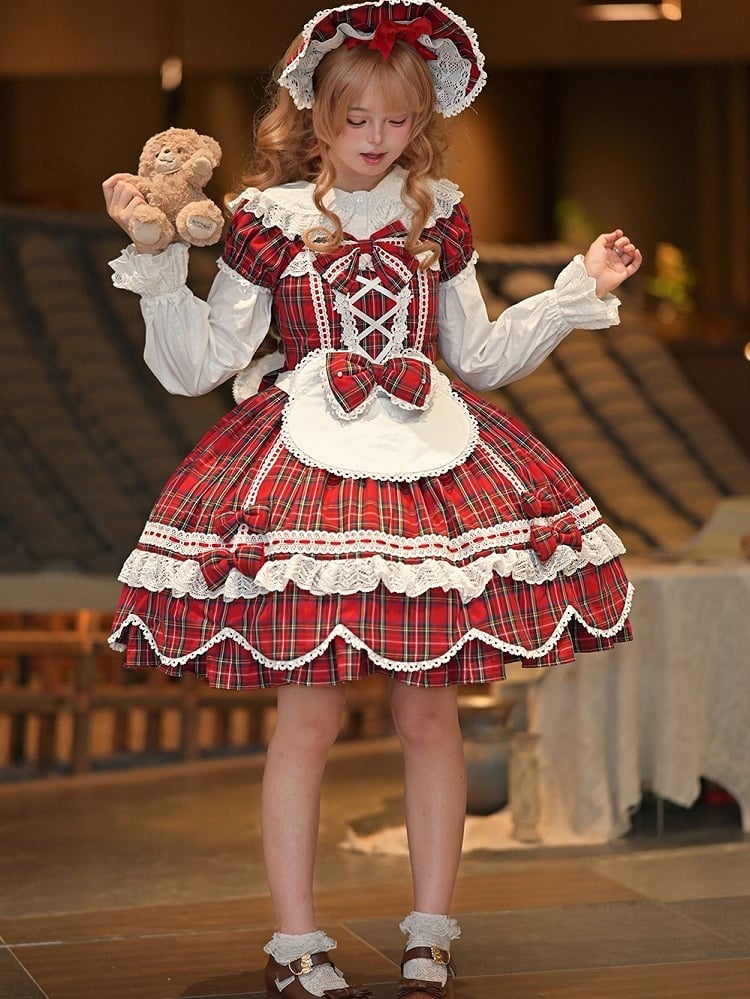 mit Lolita-Scalloped und Puff Trim Schleife Akzente süße Plaid Rand Ärmel rot