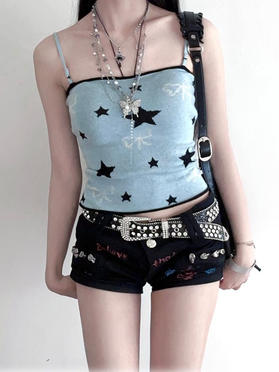 Striped Scarf Y2K Blue Star and Bow Print Cami Top with