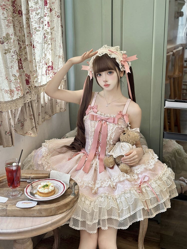 Dress Skirt Decorated Sweet Jumper Lolita Balletcore Pink Bowknots