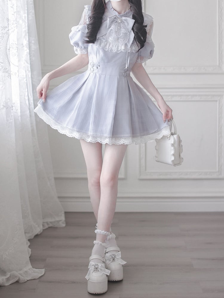Schulter-Cut-Kleid Dusty Blue Jirai Kei Plaid mit