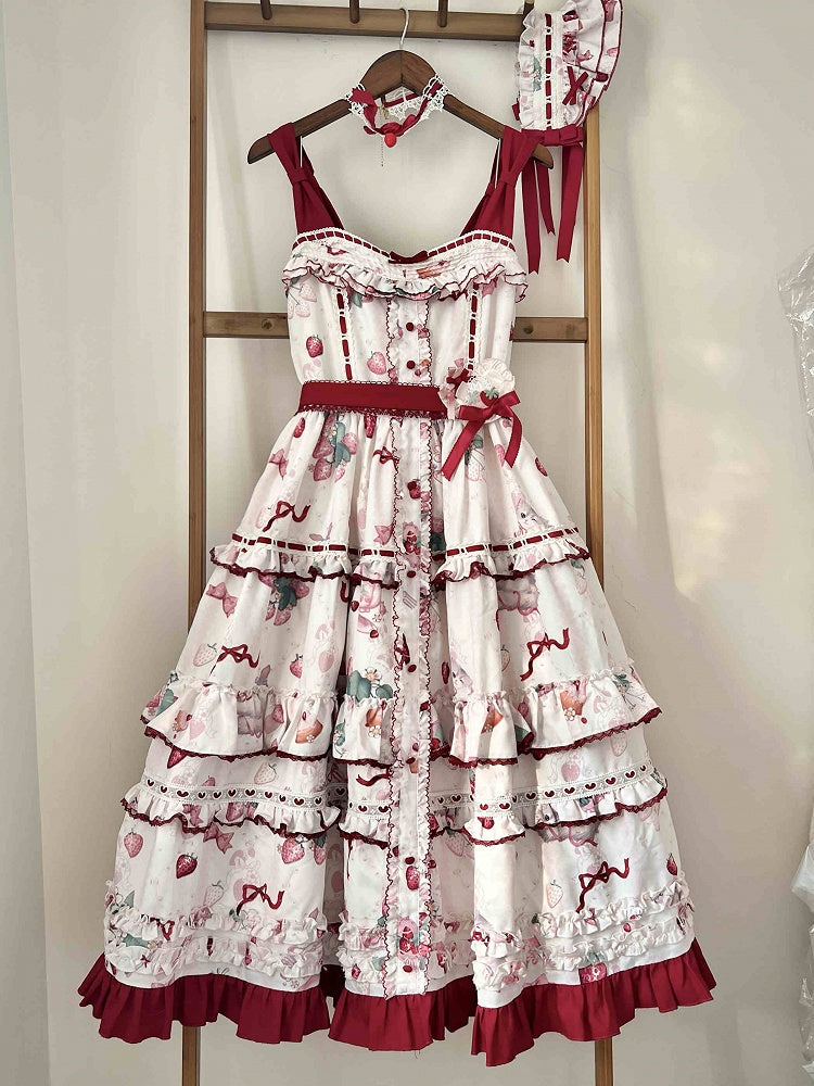 Kitty and Strawberry Print Spring and Summer Cottagecore Lolita Dress