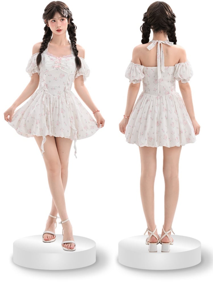 Waist Sweet White Puff Sleeves Basque Halter Neck Floral Dress
