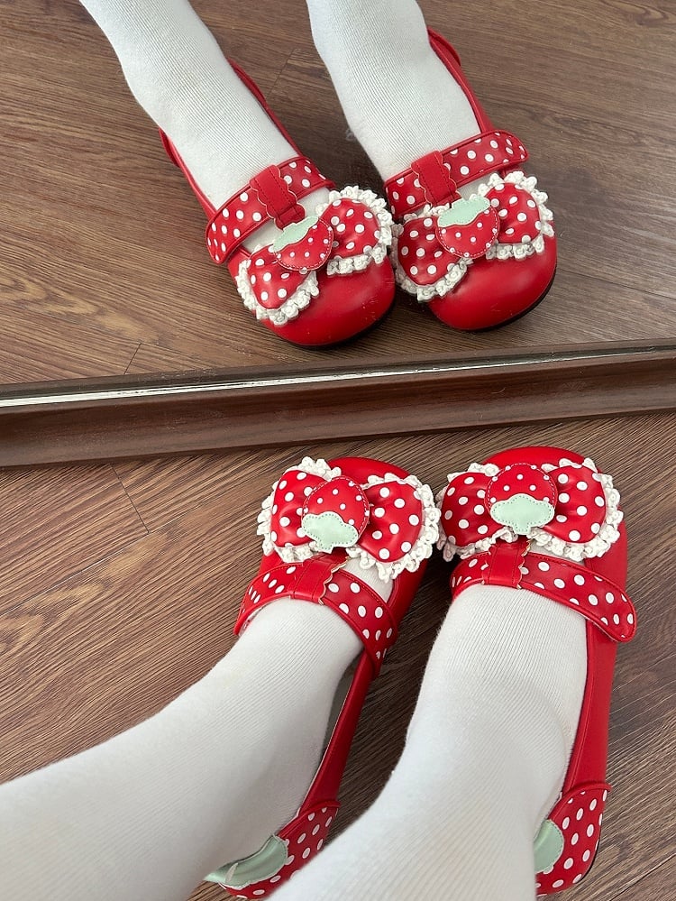 Shoes Sweet Sole Velcro Top with Strap Flat Bow Red PU Closures Lolita Polka-dot at Pattern