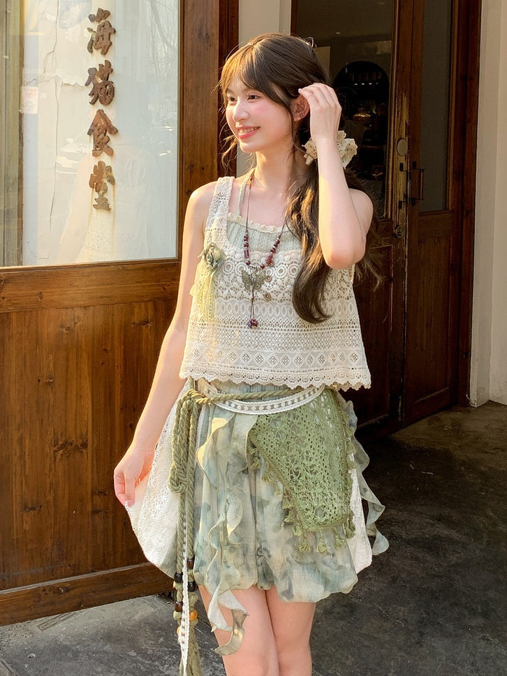 Side Waist Patches Shorts Dye Lace Mori Kei Green Elastic Tie