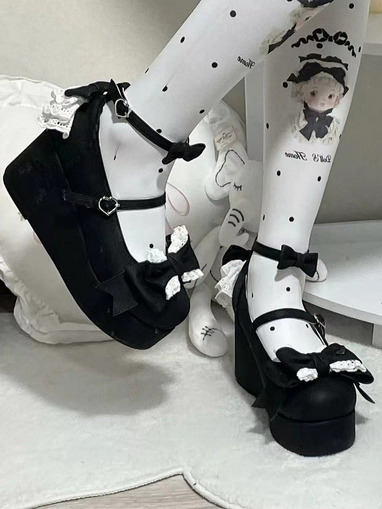 - Platforms Black Bow-Embroidered Heel Sweet Lolita