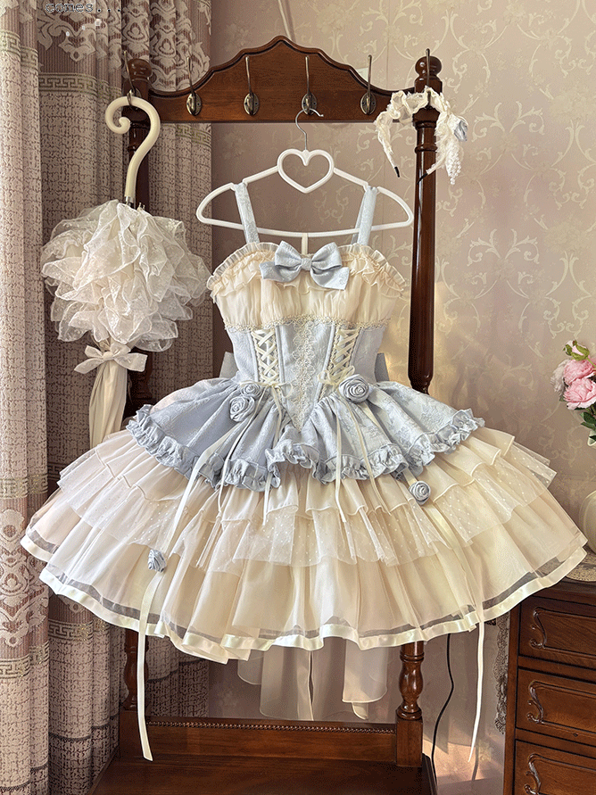 Beige Corset Waist Big JSK Lace-up Sweet Lolita Balletcore Dress Train Bow and with Blue