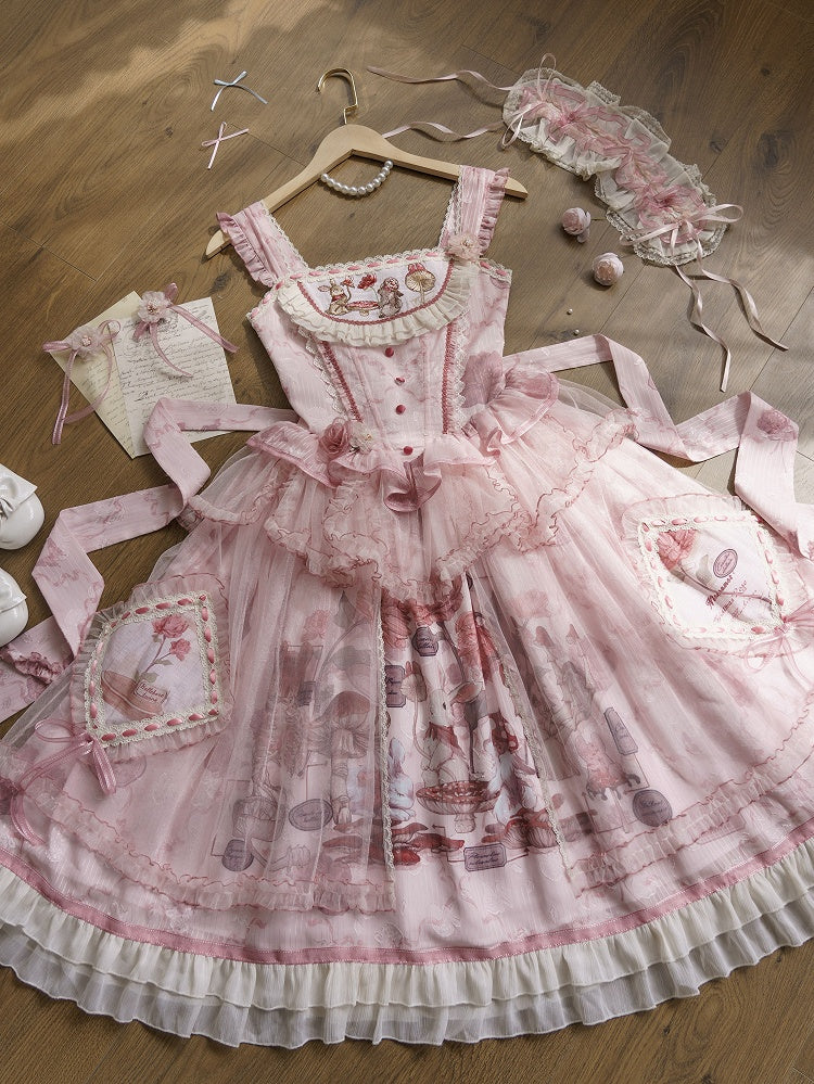 Pink Bunny Basque Waist Mushroom Skirt Princess and Jumper Lolita Print