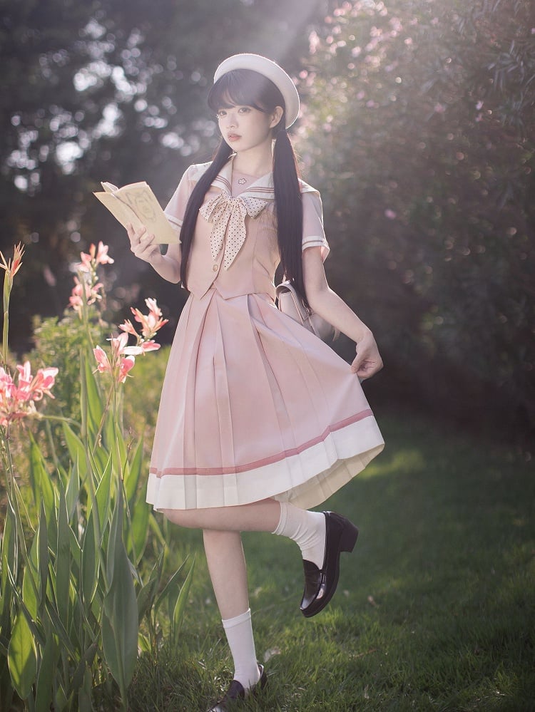 JK Skirt with Uniform Hem Beige Pleat Box 55cm Pink