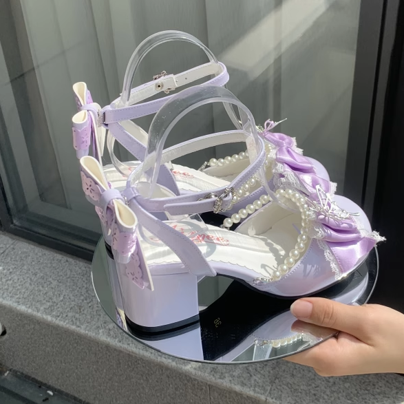 Mary Lolita Heels 6CM Accent Janes und Schleife Kettenblock Lila Perle Süß Abnehmbar