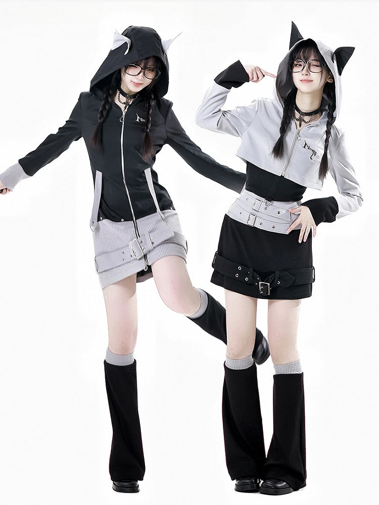 Black Strap and Design Hood Colorblock Wolf Ears Buckle Zip Closure Dress Gray Knit