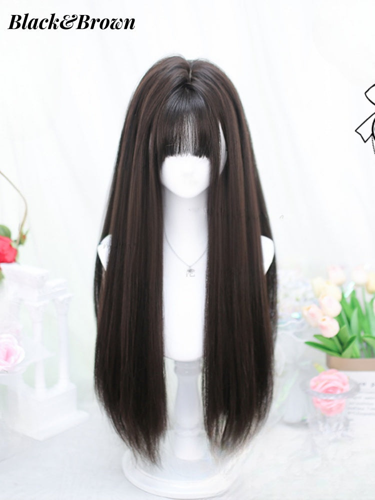 Black/Black Tea/Brown Under Bust Length Straight Wig with Bangs