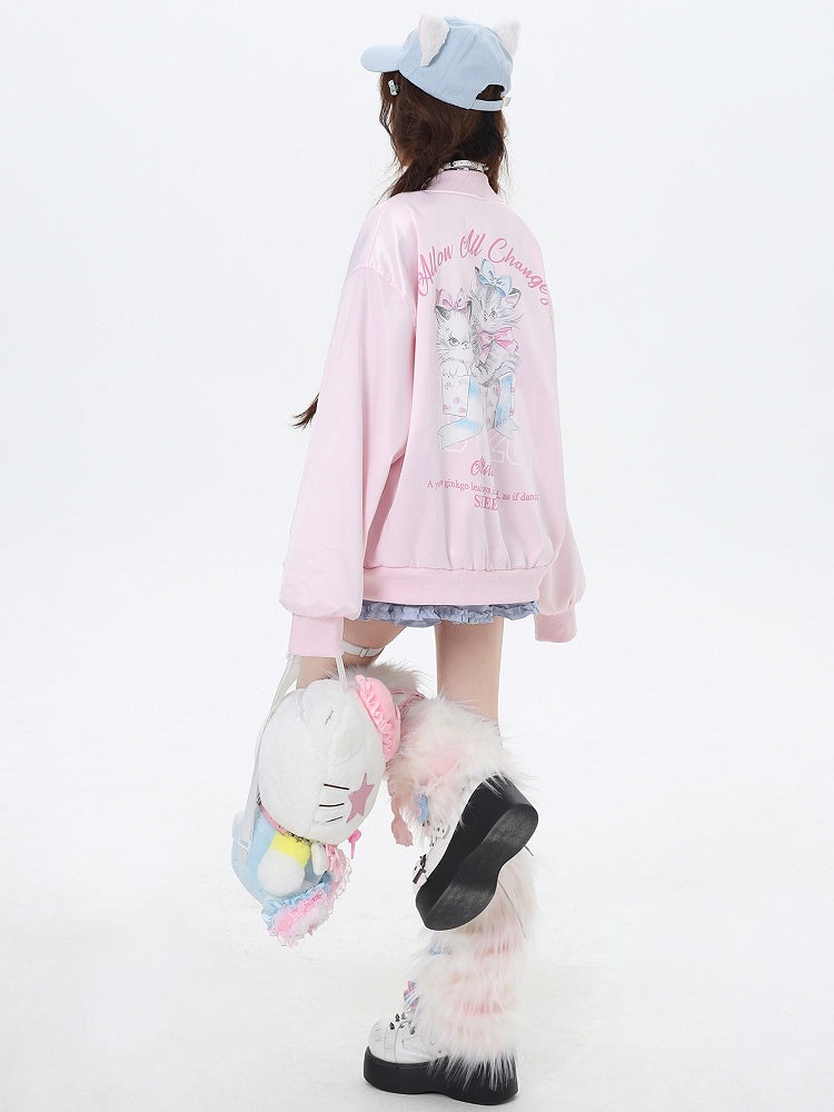 Hellblau/Pink Katzen Frühling Baseballjacke