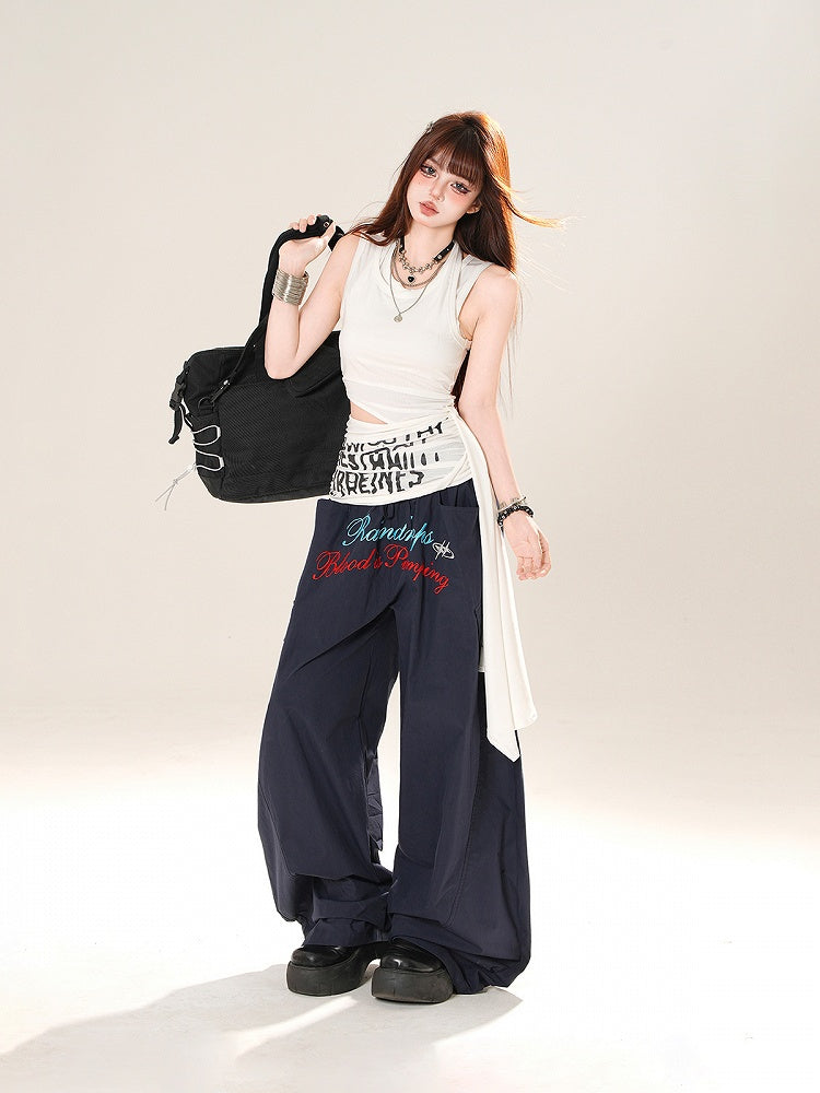 Navy Blue Drawstring Waist Letter Embroidery Wide-leg Casual Pants