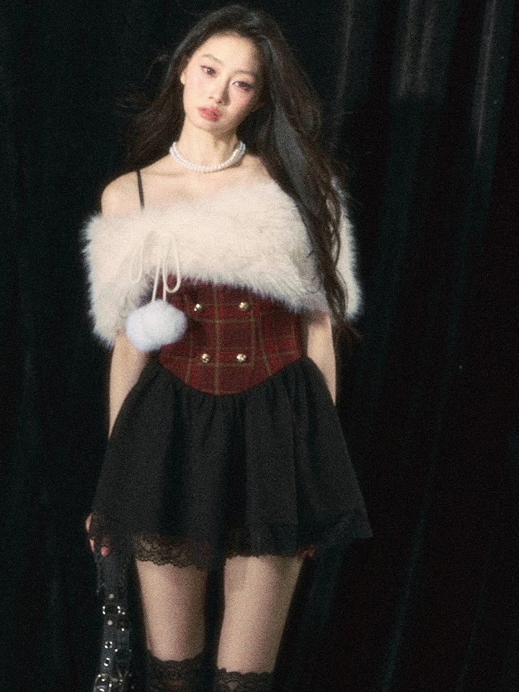 Christmas Red Floral Plaid Cami Dress with Plush Shawl Set