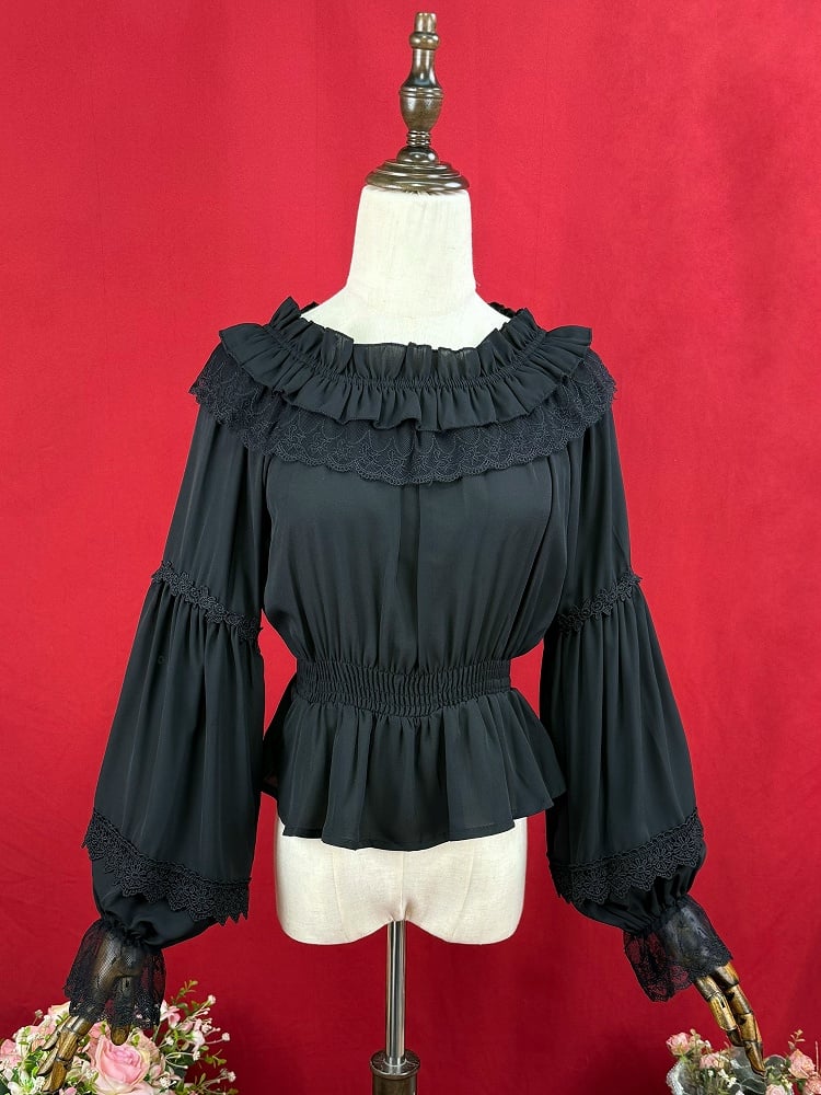 Black Elastic Neckline Chiffon Blouse Smocked Elastic Waist