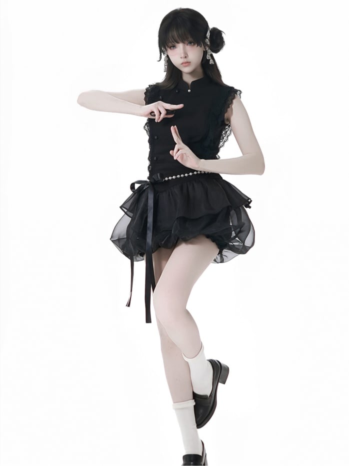 Skirt with Black Cheongsam Style Banded Collar Mini Dress Chain Waist Beaded Bubble