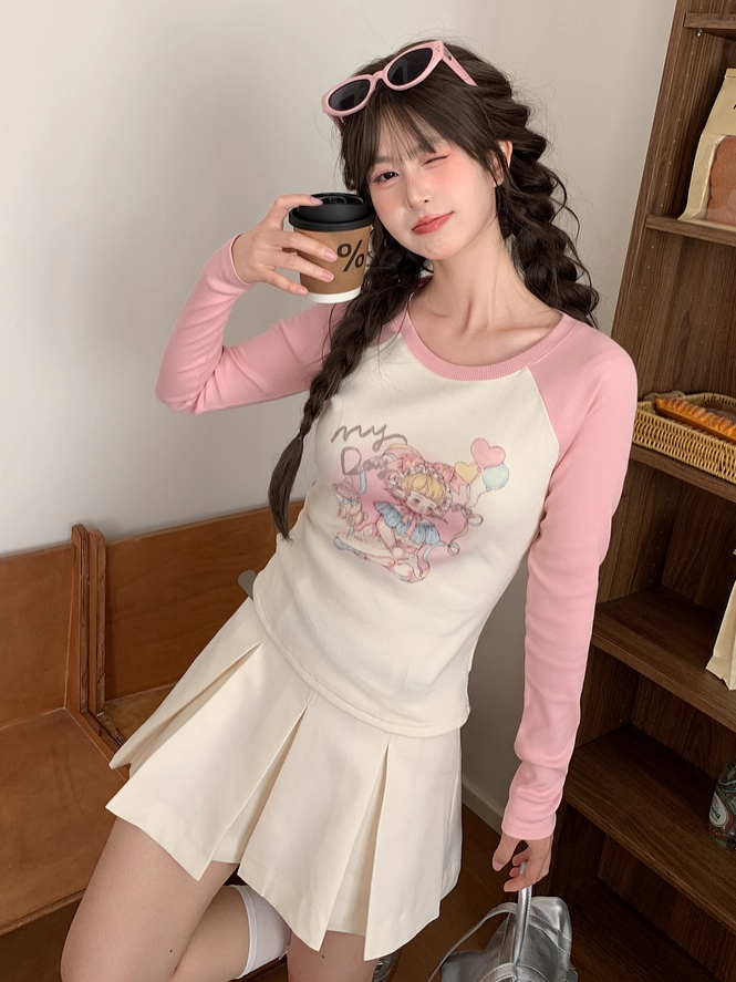 Top and Pink Slim-fitting Cartoon Girl Print Apricot Colorblock Design