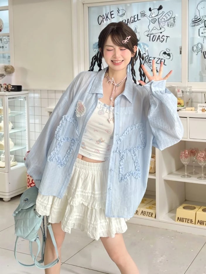 White Lace Trim Neckline Cropped Cute Bear Print Ruffled Cami Top