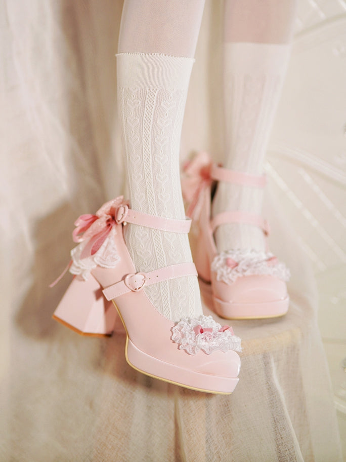 Rosa High Trim Lace Heels Herz Top Schleife an Block Schnallen geknotet