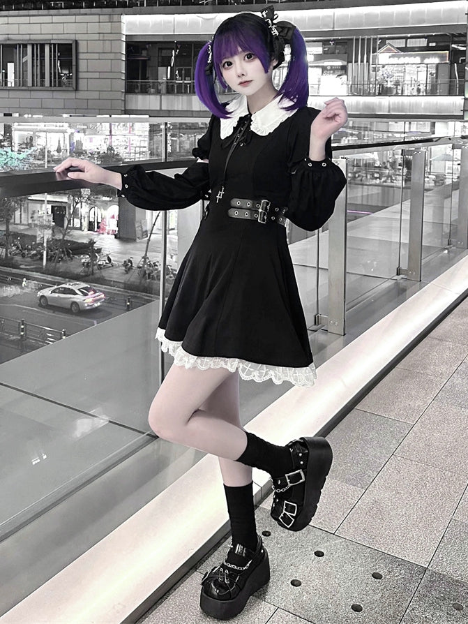 Robe noire Jirai Kei à manches détachables et bretelles à boucle à la taille, style mines terrestres