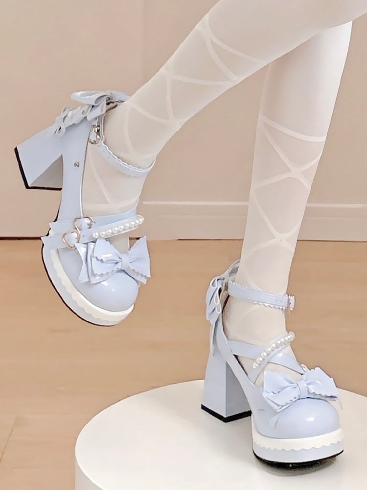 High Style Lolita Details in with Sweet Blue Platform Heels Design Block Bow Crisscross