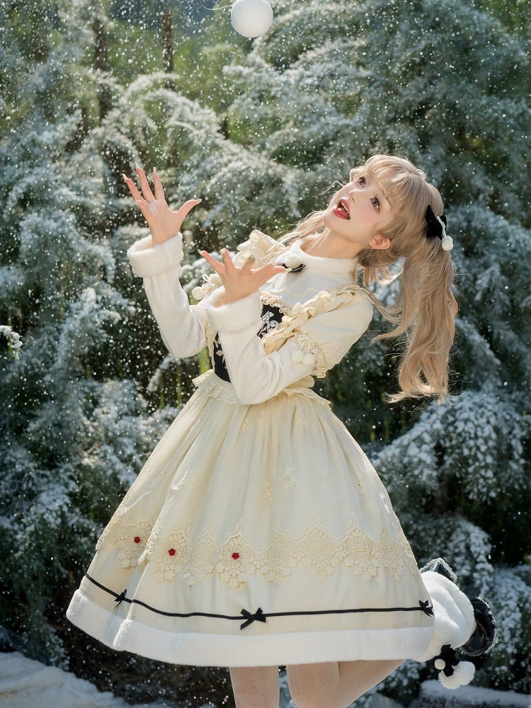 and Neckline Beige Long Sleeves Cuffs Lolita Floral Plush Dress Bodice Embroidery