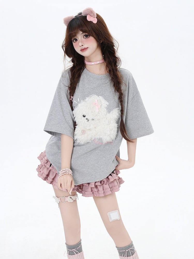 Black/Light Blue/Light Gray Plush Puppy Applique Loose T-Shirt