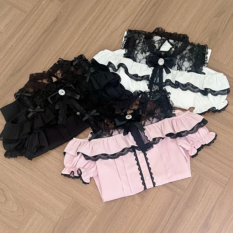 mit Jirai-Ausschnitt, Bluse, inspiriert von schwarzen Ausschnitten, Kei-Illusion-Schulter