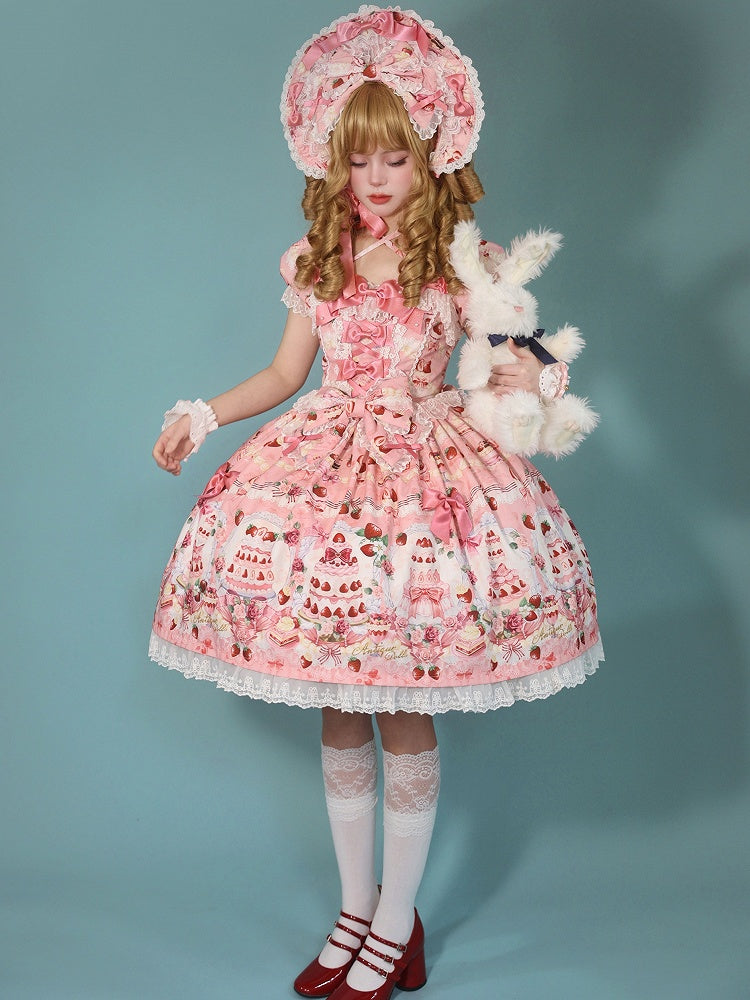 Dress Bow / Print Strawberry Lolita Full Cake Accents Sweet Pink Set