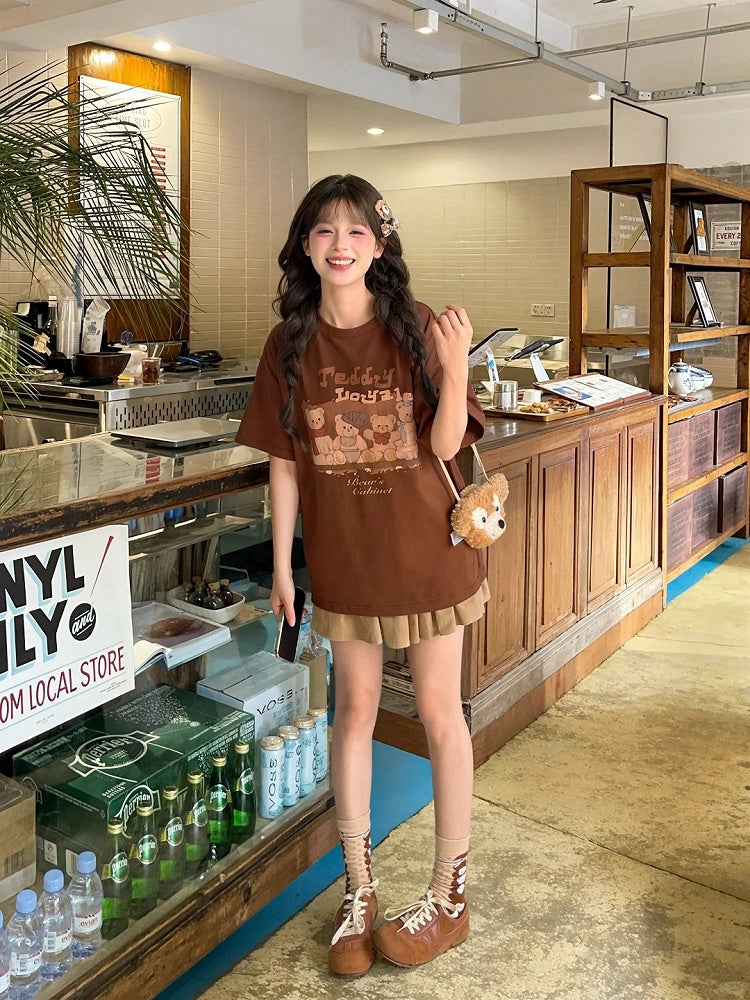 Mushroom Teddy Bear Print Brown Adorable Neck Round Loose T-shirt with Plushie