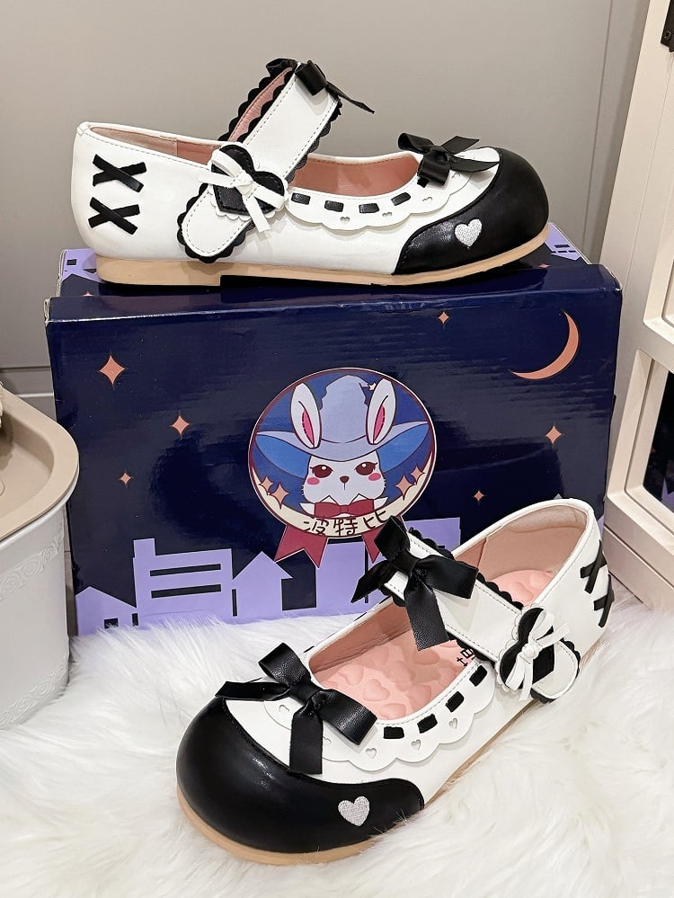 Sweet PU Hem Janes Leather Scalloped Flat with - Lolita Mary Black