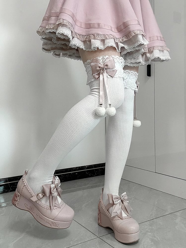 Jirai Kei Pompom-Details Spitzenbündchen Schleifen Overknee-Strümpfe