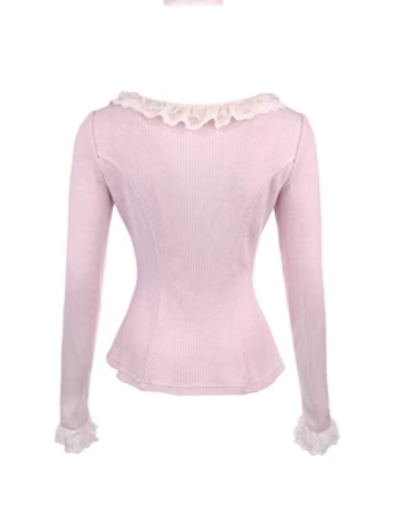 Pink Knitted Cardigan with Ruffled Lace Ribbon Bow Accents
