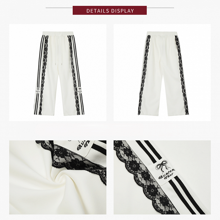 White/Black/Blue Wide-Leg Pants with Lace Trim and Bow Embroidery